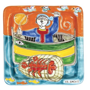 Squared Plate Fisherman De Simone Pottery 20x20 DS 21 Squared Plate Fisherman De Simone Pottery 20x20 DS 21